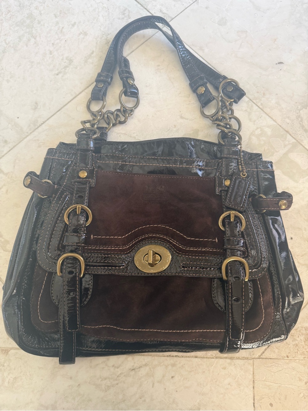 Coach Brown Suede & Dark Brown Patent Leather Satchel (Used) Good Condition